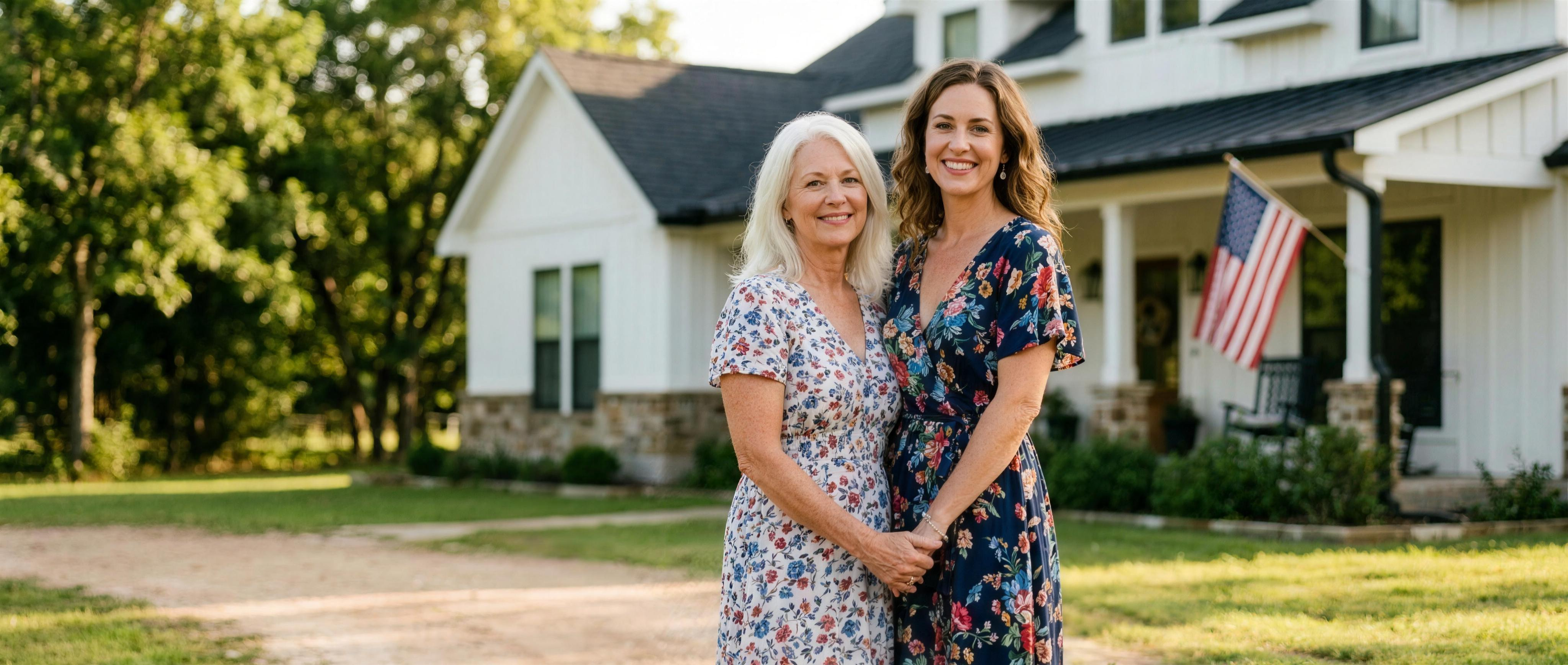 Two women in floral dresses outside a farmhouse