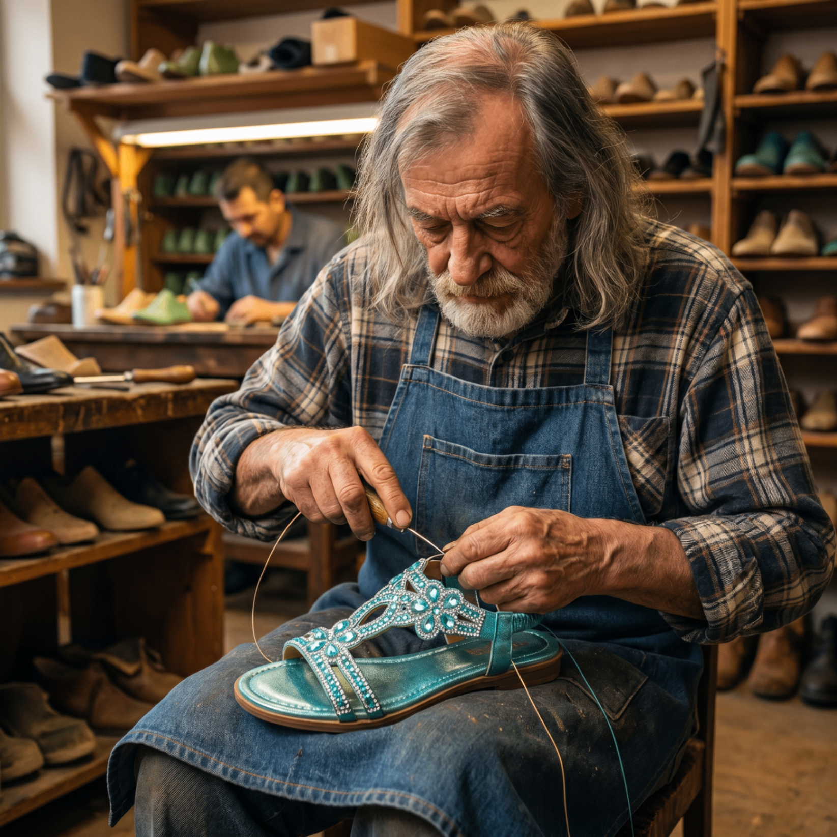 A master cobbler hand-stitching an embellished sandal in his workshop