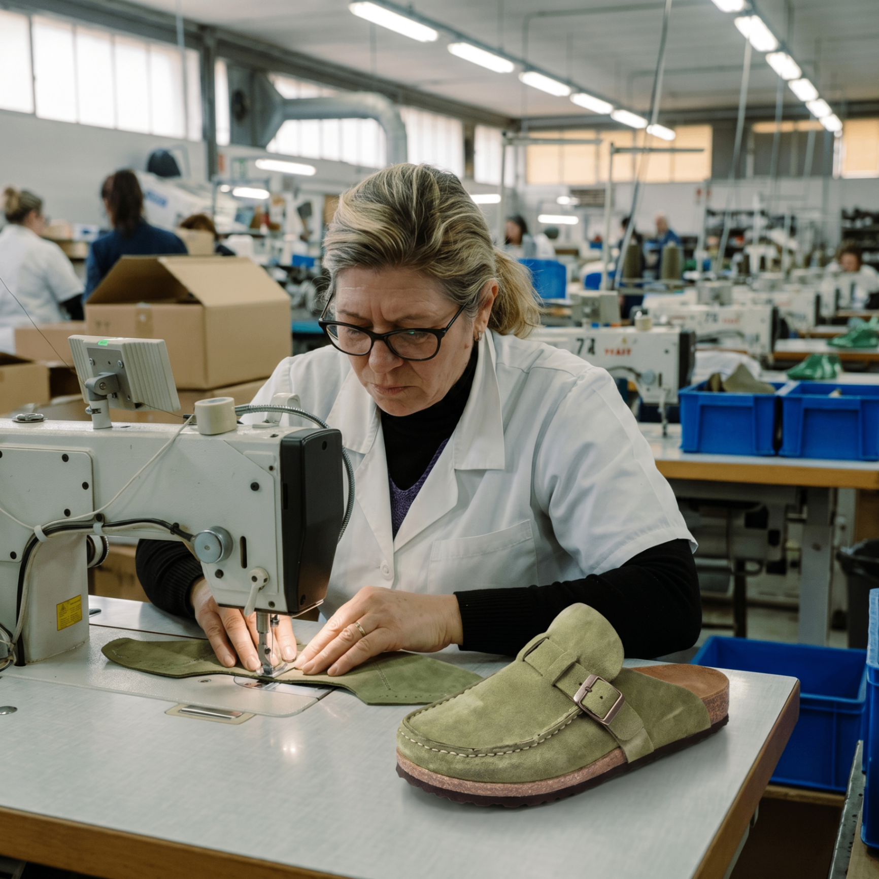 A craftswoman stitching a suede clog in the Suppern atelier